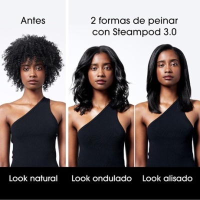 Três fotos lado a lado da mesma mulher com cabelo natural, ondulado e alisado usando blusa preta de um ombro só.