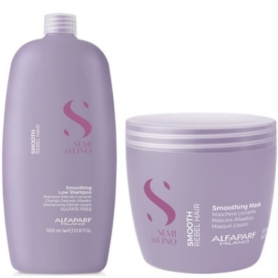 Conjunto de champô e máscara lilás Alfaparf Milano Semi di Lino Smooth Rebel Hair