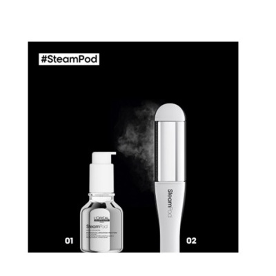Dois produtos SteamPod L'Oréal com fundo preto, incluindo um dispositivo que exala vapor e um frasco pequeno transparente