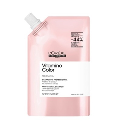 Embalagem recarregável rosa e branca de champô profissional L'Oréal Vitamino Color 1000 ml
