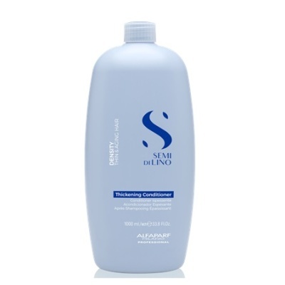 Frasco azul claro de condicionador Semi di Lino Density com texto em branco e azul