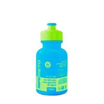 Garrafa plástica azul com tampa verde e texto amarelo