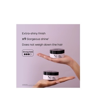 Dois frascos brancos com tampa preta em mãos contra fundo lilás com texto informativo sobre brilho e fixação