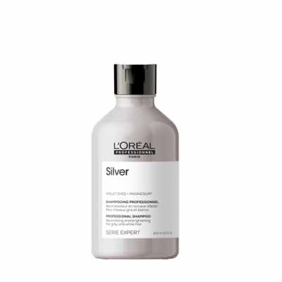 Frasco de champô L'Oréal Professionnel Silver com rótulo branco e tampa preta