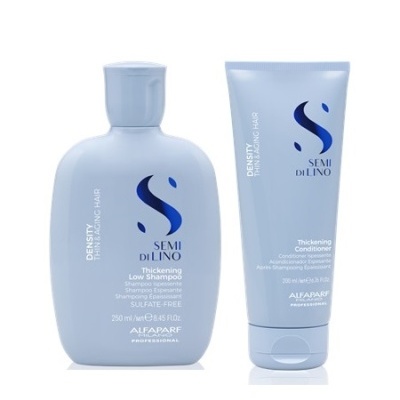 Shampoo e condicionador Semi Di Lino Density Alfaparf em embalagens azuis claras