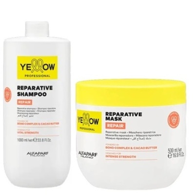 Produtos Yellow Professional champô reparador e máscara reparadora em embalagens branca e amarela.