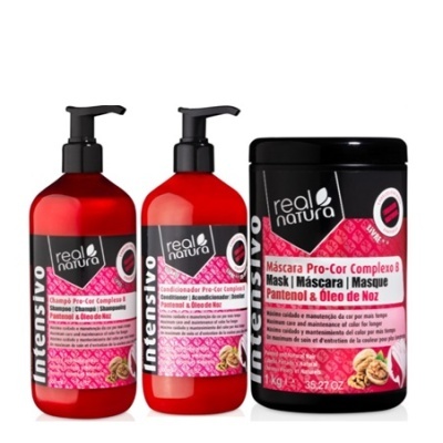 Três produtos Real Natura Intensivo com embalagem vermelha, preta e rosa para cuidado capilar.