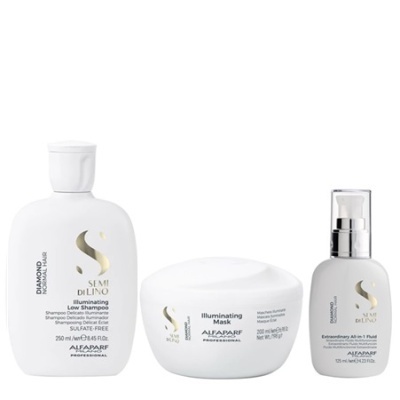 Três produtos capilares Alfaparf com embalagens brancas e texto em inglês e italiano