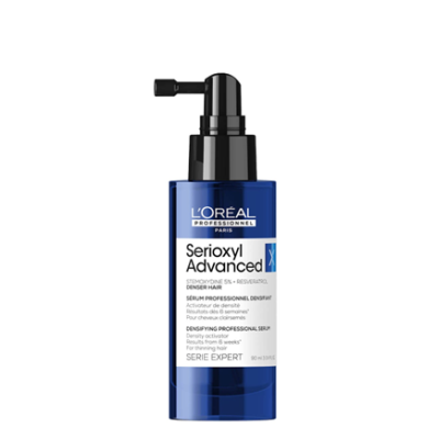 Frasco azul de sérum capilar L'Oréal Serioxyl Advanced X com válvula preta