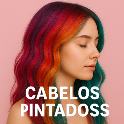 Mulher com cabelo ondulado pintado em vermelho, laranja e azul-esverdeado com texto branco 'CABELOS PINTADOSSS'