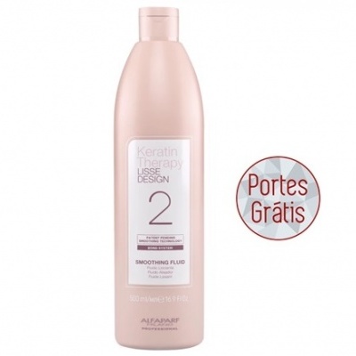 Frasco rosa de Keratin Therapy Lisse Design 2 Smoothing Fluid com rótulo e selo Portes Grátis