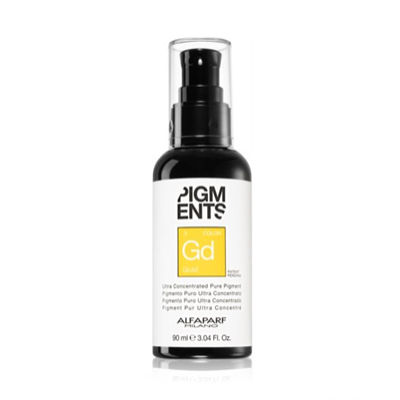 Frasco preto com rótulo branco e amarelo do produto PIGMENTS COLOR Gd da ALFAPARF