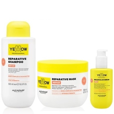 Conjunto de shampoo, máscara e sérum capilar Yellow Professional com embalagens em branco e amarelo