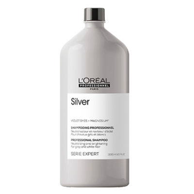 Frasco de champô prateado L'Oréal Professionnel com rótulo branco