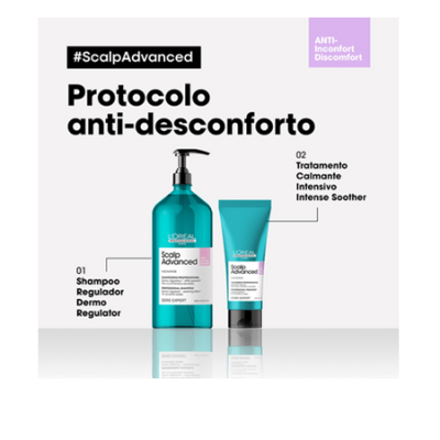 Produtos L'Oreal Scalp Advanced em frasco e tubo azuis contra desconforto do couro cabeludo