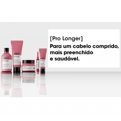 Conjunto de produtos para cabelo Pro Longer em embalagens rosas com texto promocional
