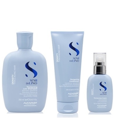 Produtos para cabelo Alfaparf Semi Di Lino em embalagens azuis claras