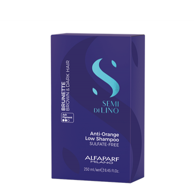 Embalagem azul escura de shampoo Semi di Lino Anti-Orange Low Shampoo da Alfaparf Milano para cabelo castanho escuro e preto