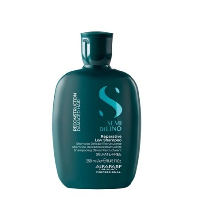 Frasco verde escuro de shampoo reparador Semi di Lino