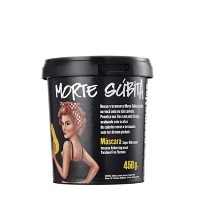 Recipiente preto de tratamento capilar 'Morte Súbita' com imagem de mulher com lenço vermelho.