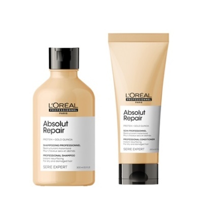 Duas embalagens L'Oréal Professionnel Absolut Repair shampoo e condicionador