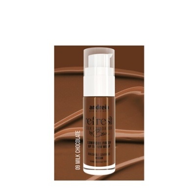 Frasco de cosmético Andrei 'efresh' cor castanho leite chocolate em fundo castanho com textura creme