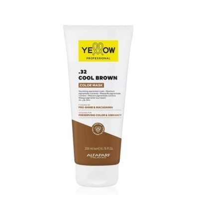 Máscara de cabelo Yellow Professional .32 Cool Brown em tubo branco e castanho com texto