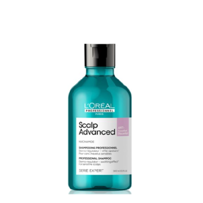 Frasco de champô azul turquesa L'Oreal com etiqueta branca e tampa preta