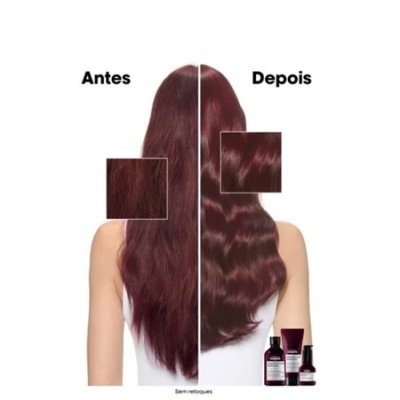 Comparativo de cabelo antes e depois do uso de produto capilar com frascos visíveis