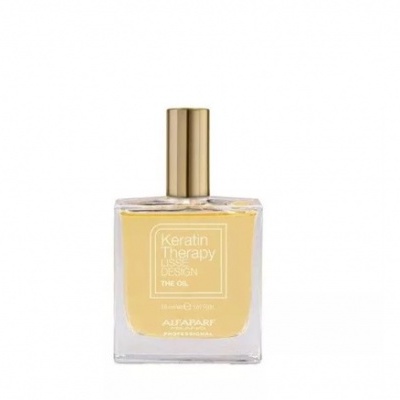 Frasco quadrado de óleo capilar Alfaparf Keratin Therapy com tampa dourada