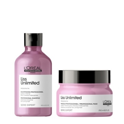 Produtos de cuidados capilares L'Oréal Liss Unlimited cor rosa com tampas prateadas