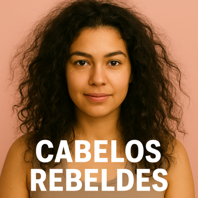 Mulher com cabelo cacheado e volumoso castanho-escuro e texto 'CABELOS REBELDES'