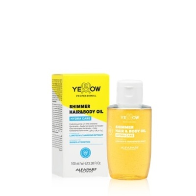 Óleo para cabelo e corpo Yellow Professional em embalagem plástica com líquido amarelo e caixa amarela