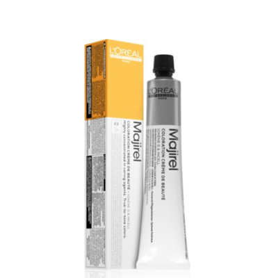 Tubo de tintura Majirel da L'Oréal com caixa branca e laranja