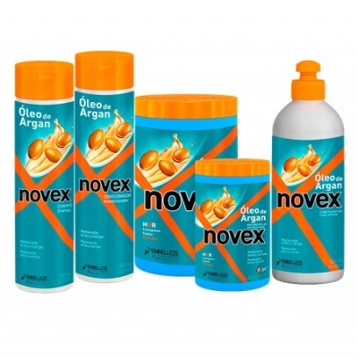 Conjunto de produtos Novex óleo de Argan para cabelo em embalagens azuis e laranja