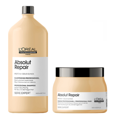 Produtos L'Oréal Absolut Repair shampoo e máscara em embalagens bege e tampas pretas