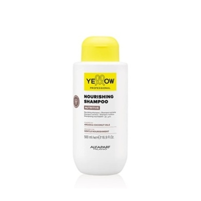 Frasco branco de shampoo Yellow Professional com tampa amarela e rótulo preto e amarelo sobre fundo branco