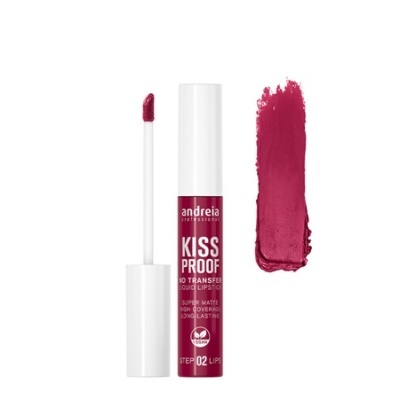 Batom líquido matte Andreia Kiss Proof com aplicador e amostra da cor vinho-rosa