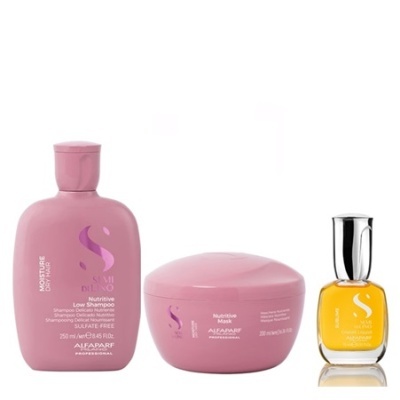Produtos Alfaparf para cabelo em frascos rosa e transparente com líquido amarelo