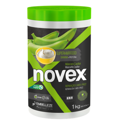 Embalagem branca e verde de máscara capilar Novex com bananas verdes e texto em português e espanhol