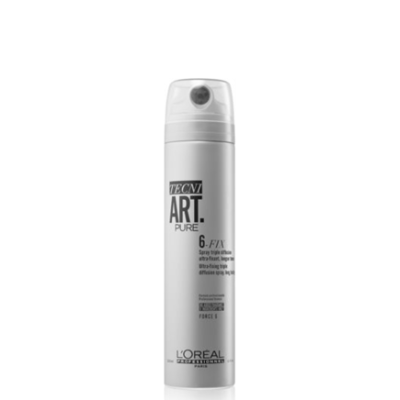 Spray fixador de cabelo L'Oréal TECNI ART PURE 6-FIX em embalagem prateada cilíndrica