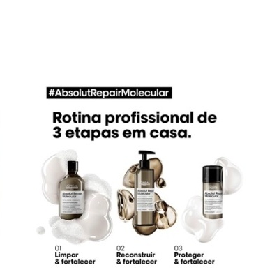 Produtos Absolut Repair Molecular com três etapas para cuidado capilar, texto em português e texturas de creme e líquido.