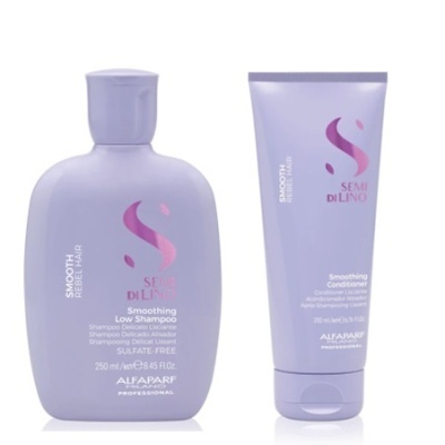 Shampoo e condicionador lilás da linha Semi di Lino Smooth da Alfaparf Professional