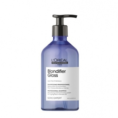 Frasco azul de champô L'OREAL Blondifier Gloss com dispensador preto