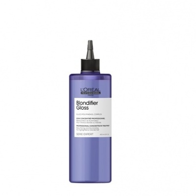 Frasco roxo de produto para cabelo L'Oréal Blondifier Gloss com tampa preta e rótulo branco