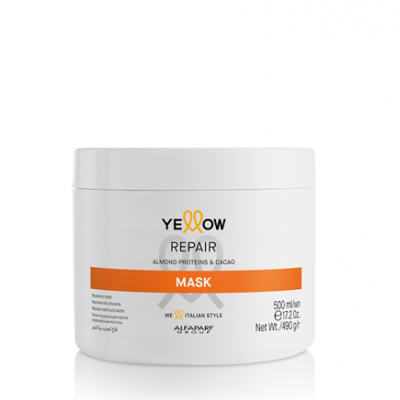 Máscara de cabelo Yellow Repair embalagem branca rótulo laranja e preto