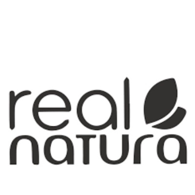 Logótipo 'real natura' com folha preta estilizada