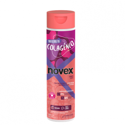 Frasco de champô Novex Infusão de Colagénio rosa e roxo com tampa cor de salmão