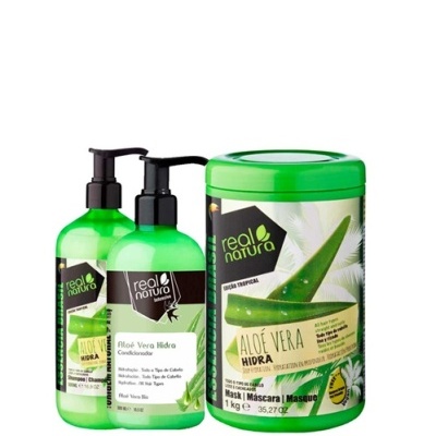 Produtos Real Natura Aloé Vera Hidra para cabelo em embalagens verdes