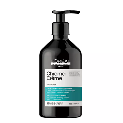 Frasco preto de shampoo L'Oréal Professionnel Chroma Crème com tampa doseadora